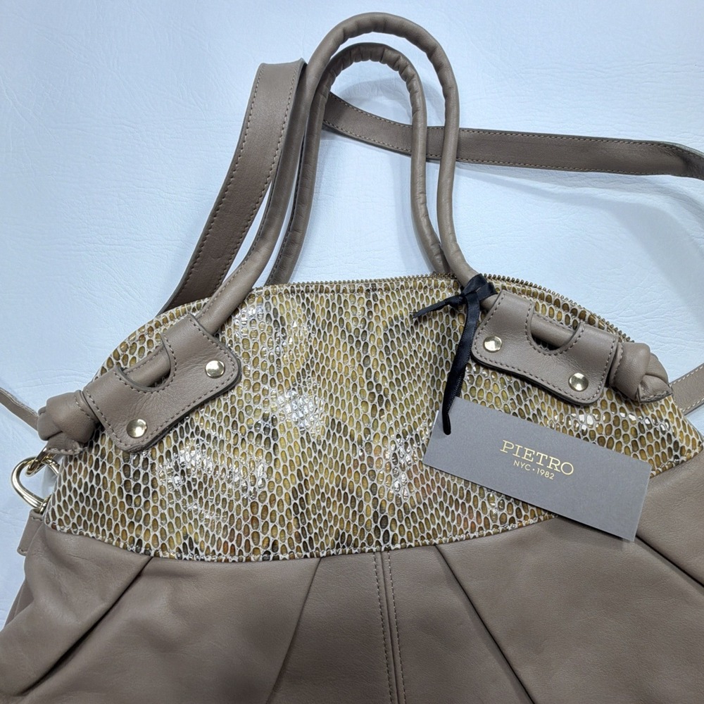 New! Pietro NYC Convertible Satchel Handbag Taupe Leather Snakeskin Embossed USA